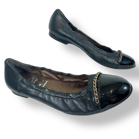 AGL Balletcore Leather Cap Toe Flats Gold Chain Detail Size 7